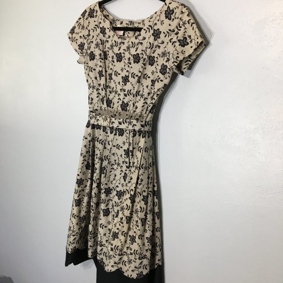 Vintage 50s Tan Floral Fit and Flare Party Dress Matching Belt Pleated Skirt VLV - Picture 9 of 16
